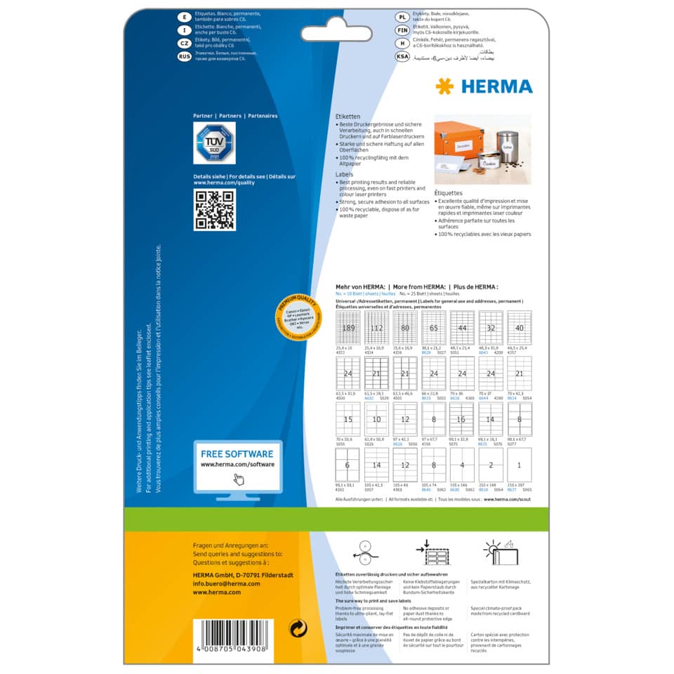 Etiketten Premium permanent, 70x37mm, 600 Stück, weiß HERMA 4390 HERMA 4390  600 Stück permanent haftend