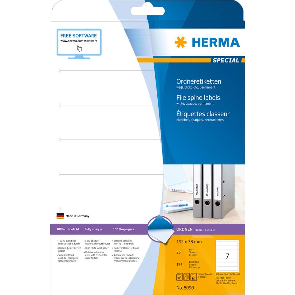 Ordnerrückenschild permanent, 38 x 192 mm, schmal/kurz, 175 Stück, weiß HERMA 5090 HERMA 5090  schmal permanent haftend
