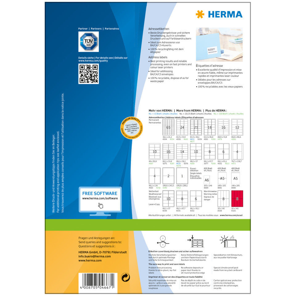 Etiketten Premium permanent, 96x50,8mm, 1000 Stück, weiß HERMA 4667 HERMA 4667 C4/C5-Kuv.