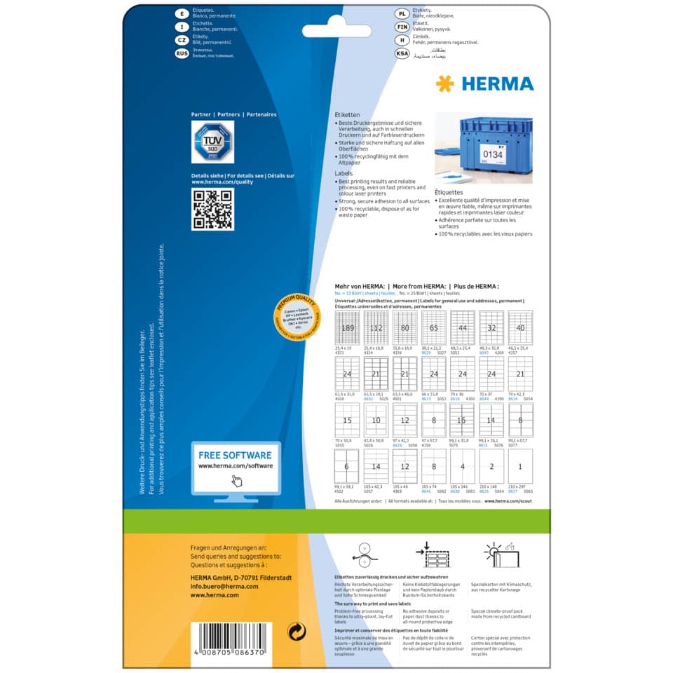 Etiketten Premium permanent, 210x297mm, 10 Stück, weiß HERMA 8637 HERMA 8637  10 St. permanent haftend