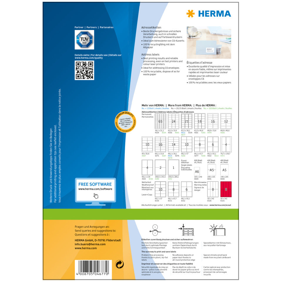 Adressetiketten Premium permanent, 63,5x38,1mm, 2100 Stück, weiß HERMA 4677 HERMA 4677-A4/63.5Lmm/38.1Bmm