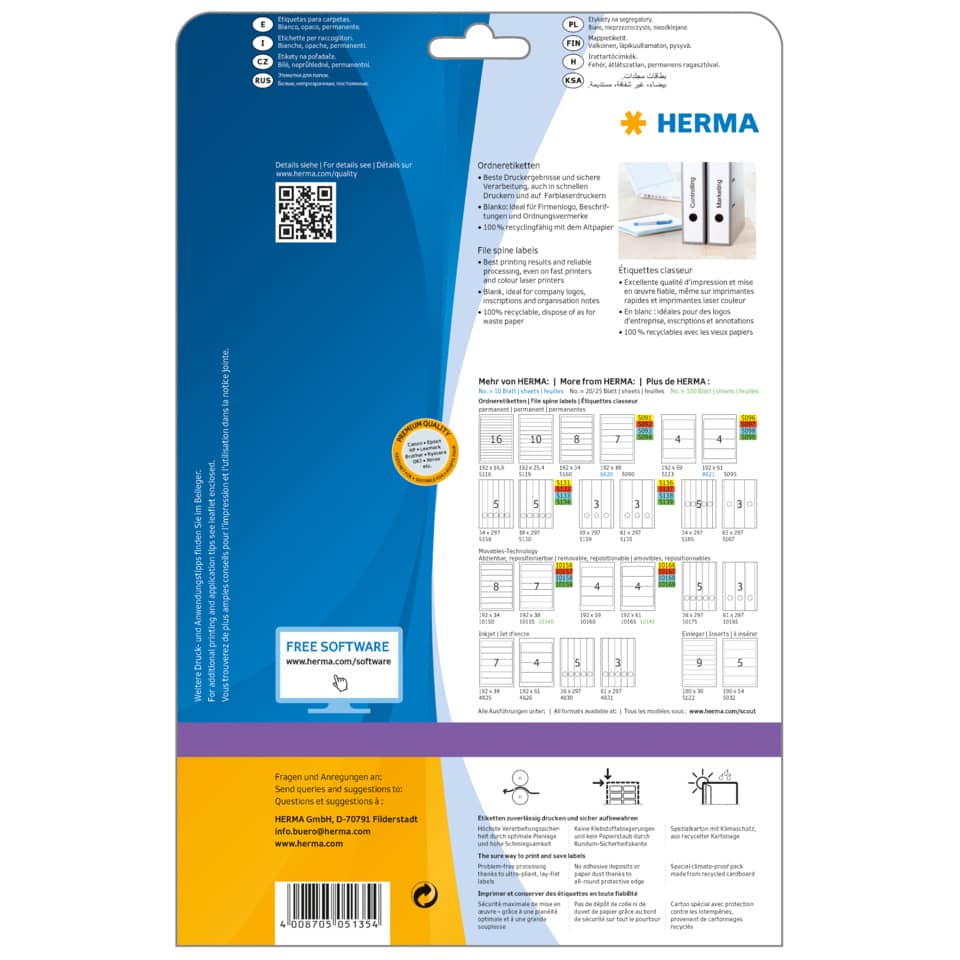 Ordnerrückenschild permanent, 61 x 297 mm, breit/lang, 75 
Stück, weiß HERMA 5135 HERMA 5135 breit/lang permanent haftend