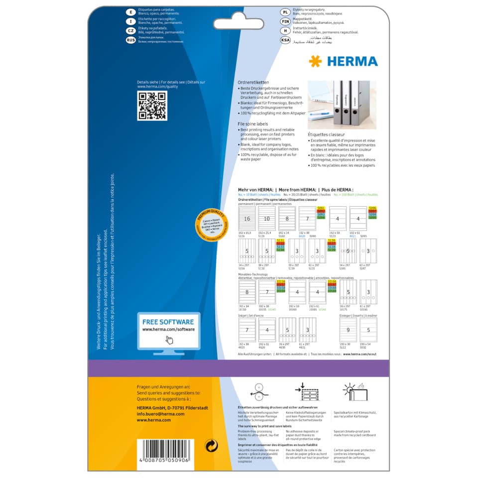 Ordnerrückenschild permanent, 38 x 192 mm, schmal/kurz, 175 Stück, weiß HERMA 5090 HERMA 5090  schmal permanent haftend