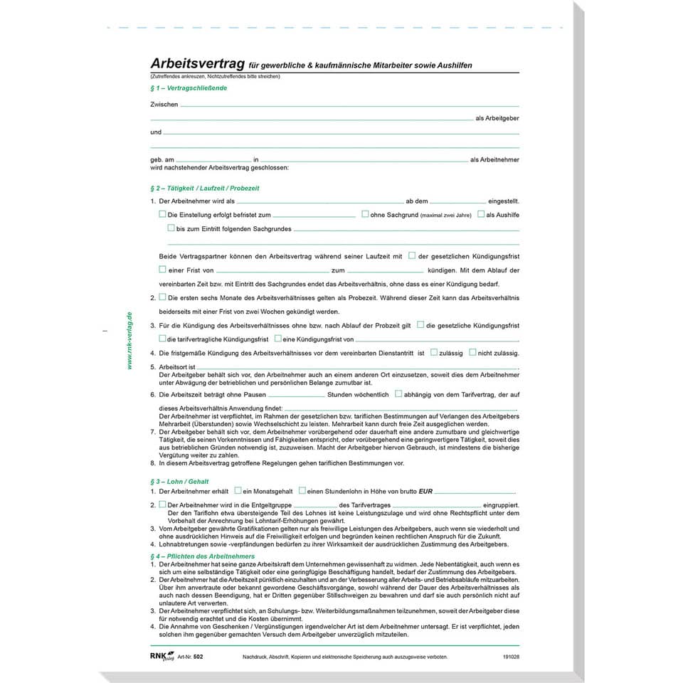Arbeitsvertrag für gewerbl. & kaufm. Mitarbeiter sowie Aushilfen, A4, 10 Stück RNK 502/10 RNK 502/10 gewerb. + kaufm. Arbeitnehmer
