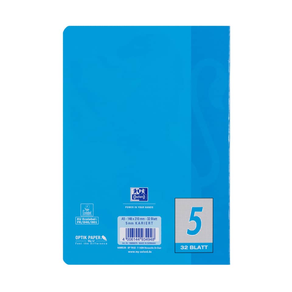 Heft, A5, 90g/m², 32 Blatt, Lin.5, kariert, türkisblau OXFORD 100050379