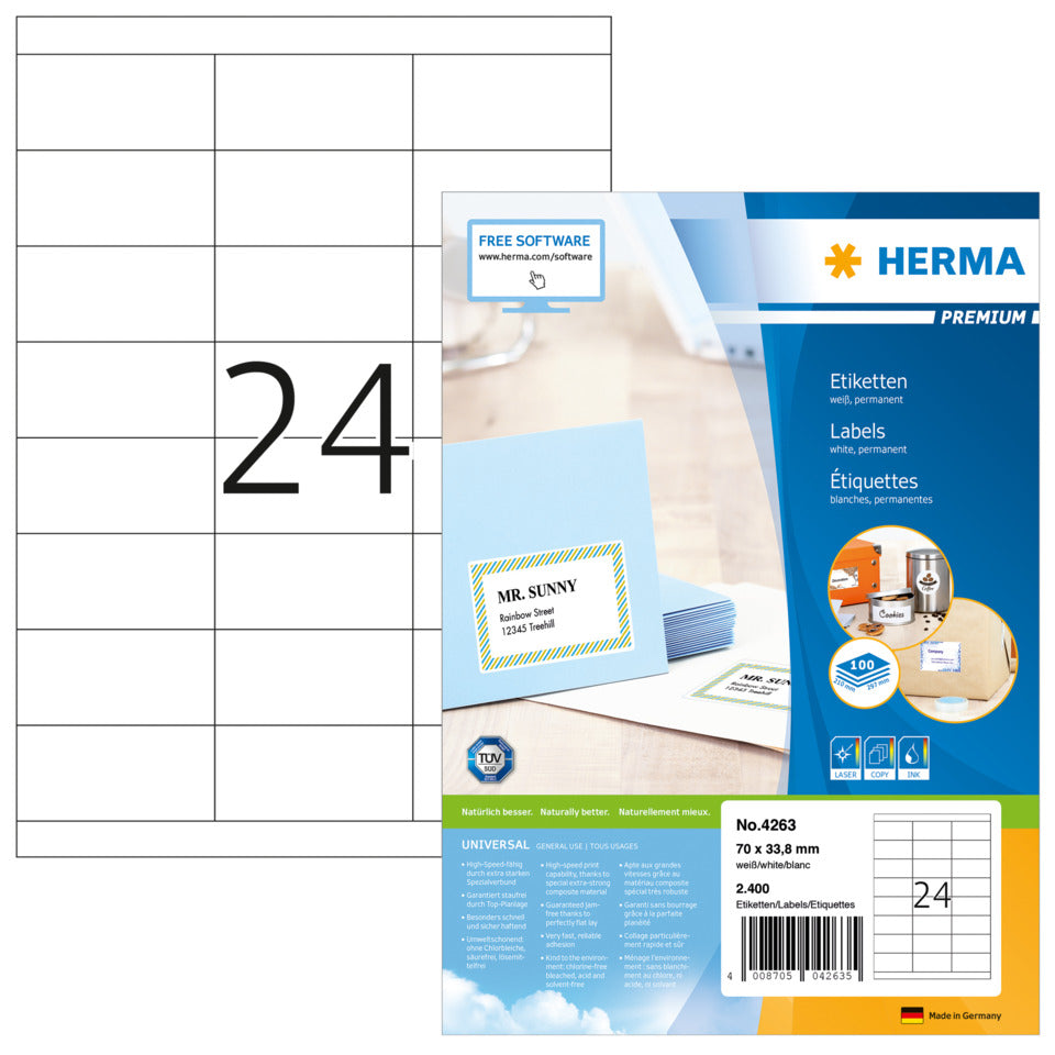 Etiketten Premium permanent, 70x33,8mm, 2400 Stück, weiß HERMA 4263