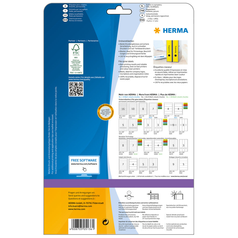 Ordnerrückenschild permanent, 61 x 297 mm, breit/lang, 60 
Stück, gelb HERMA 5136 HERMA 5136 Besorgung