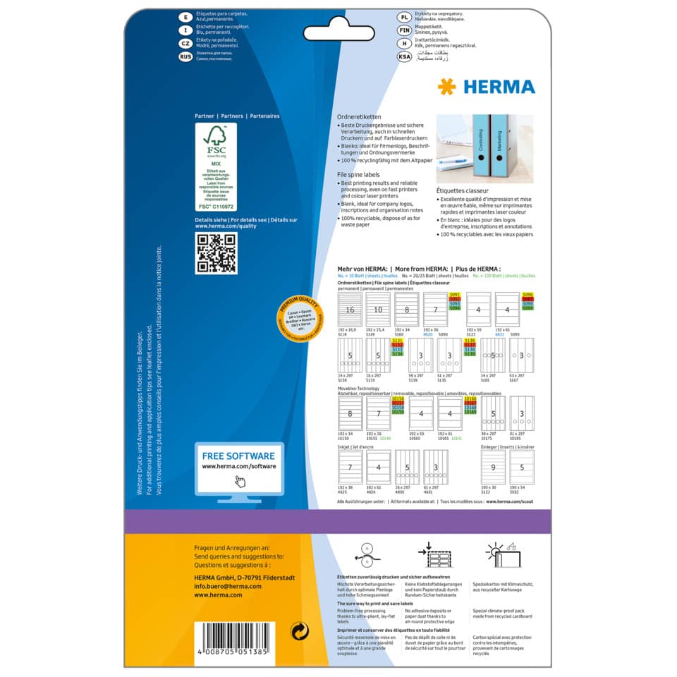 Ordnerrückenschild permanent, 61 x 297 mm, breit/lang, 60 Stück, blau HERMA 5138