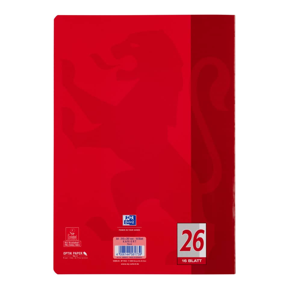 Heft, A4, 90g/m², 16 Blatt, Lin.26, kariert mit Rand, rot OXFORD 100050312