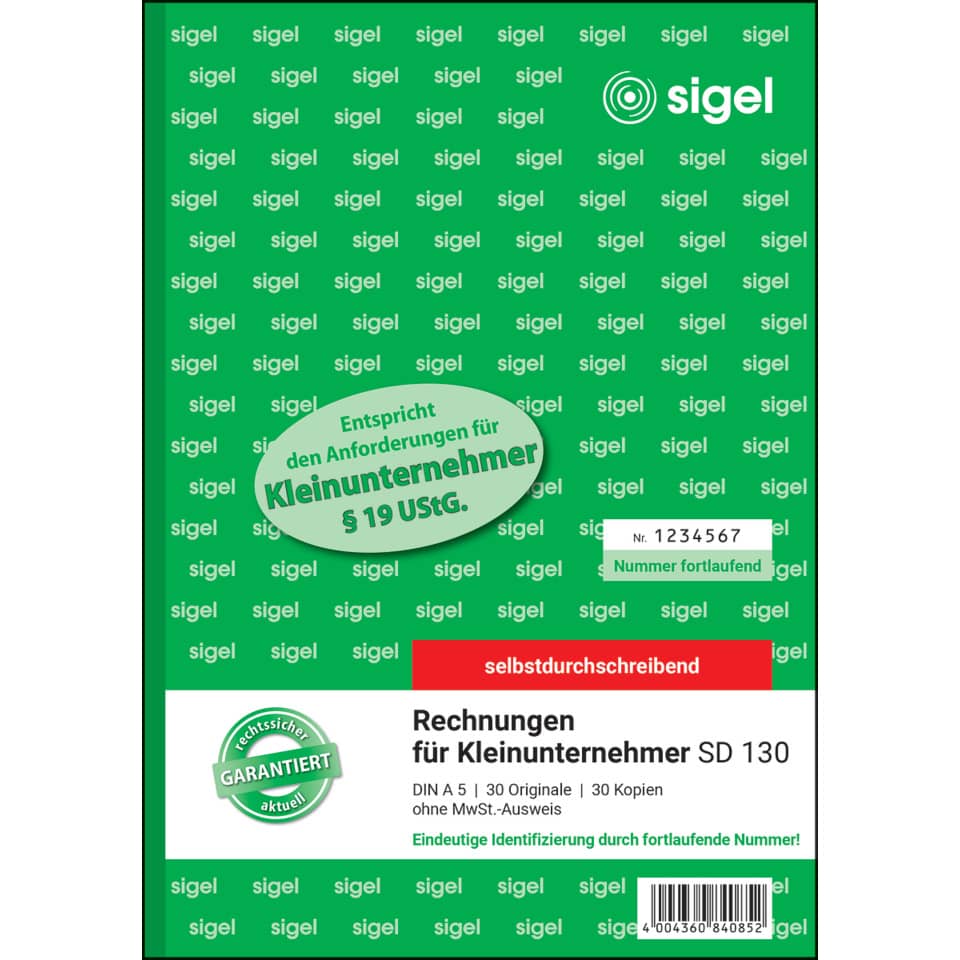 Rechnung für Kleinunternehmer ohne MwSt.-Ausweis, A5, 2x30 Blatt SIGEL SD130 SIGEL SD130 f.Kleinunternehmer