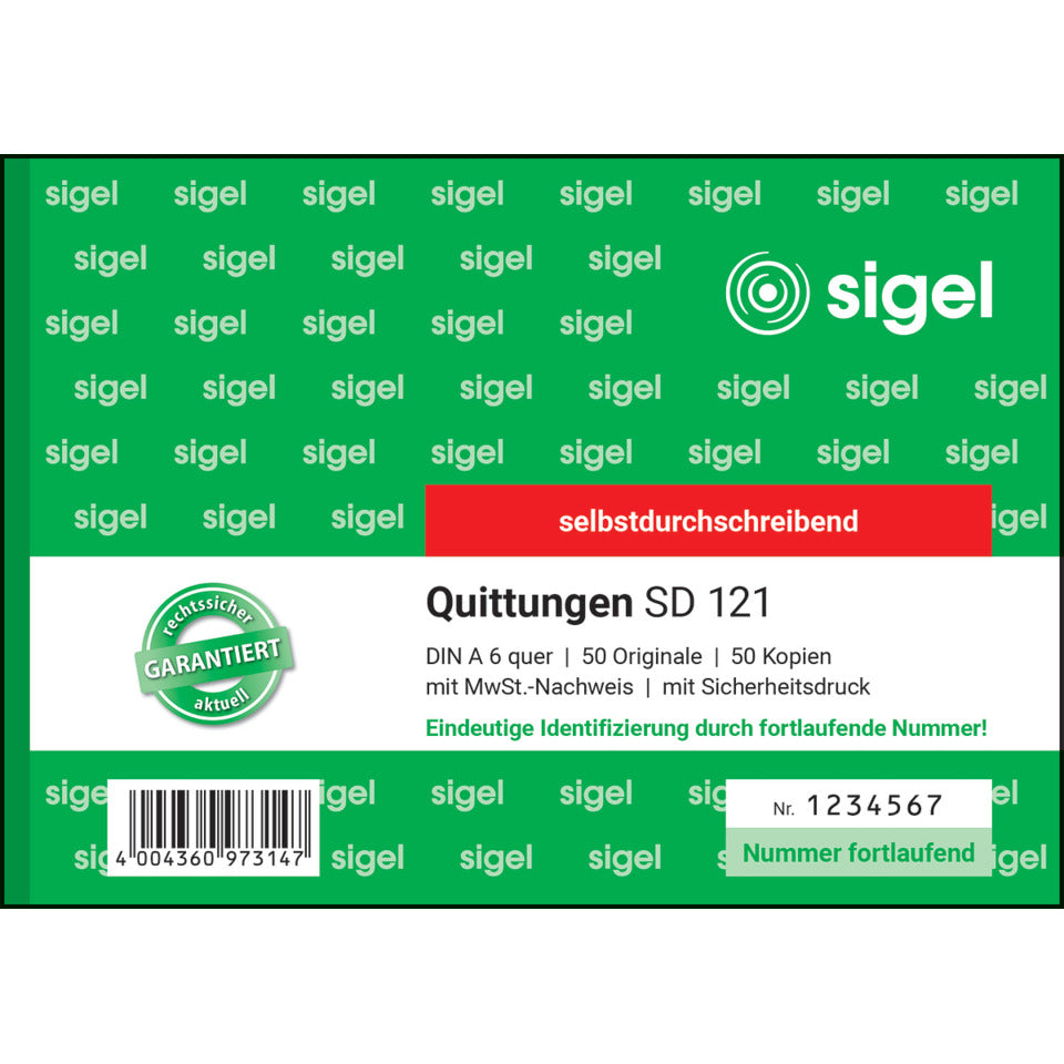 Quittung, A6, 2x50 Blatt SIGEL SD121 SIGEL SD121 fortlauf. nummer.