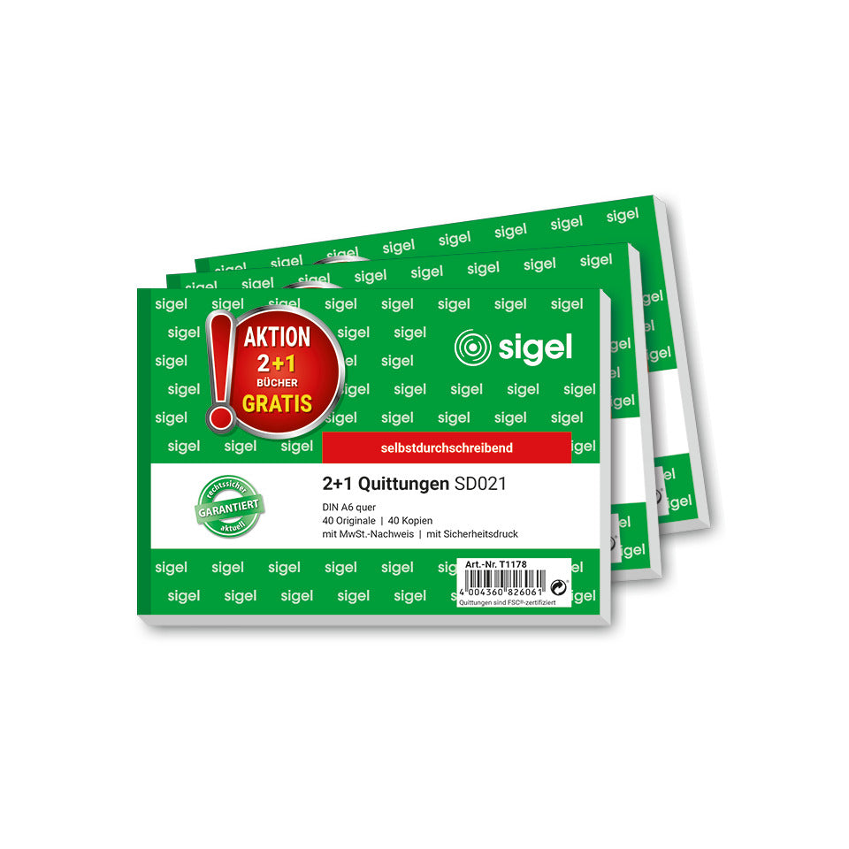Kassen-Quittung, A6, 2x40 Blatt, 3 Stück SIGEL T1178 SIGEL T1178 2+1 (gratis) Aktion