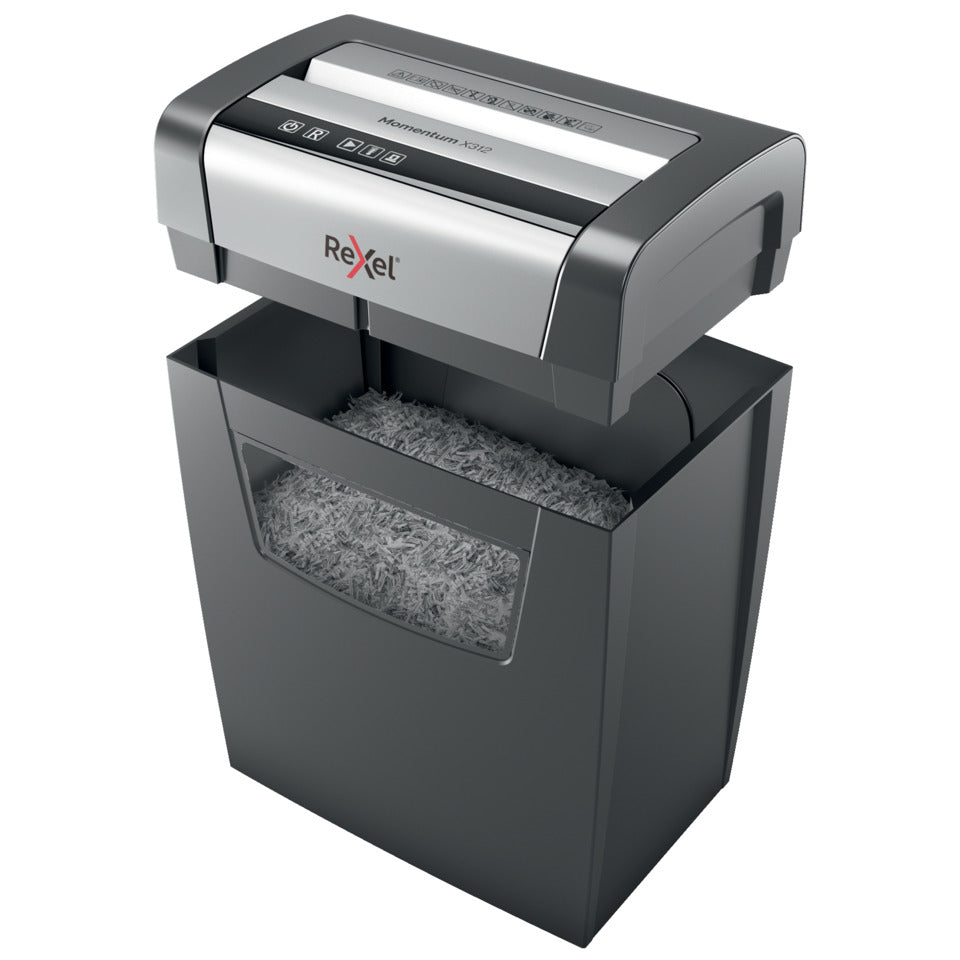 Aktenvernichter Momentum X312, Partikelschnitt 5x42mm, P3, 12 Blatt, schwarz REXEL 2104572EU REXEL 2104572EU  5x42 Partikel  P-3