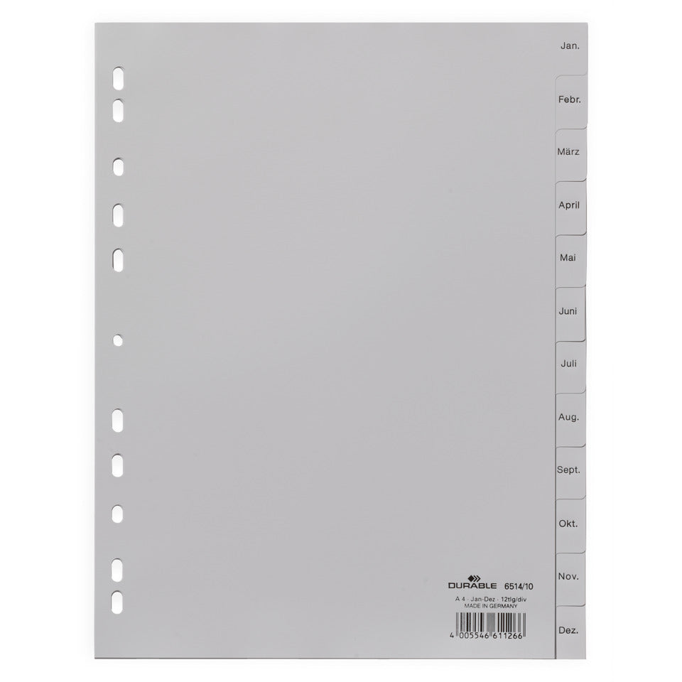 Plastikregister, PP, Jan. - Dez., grau, DIN A4, 215/230 x 297 mm, 12 Blatt DURABLE 6514 10 DURABLE 6514 10 geprägte Taben
