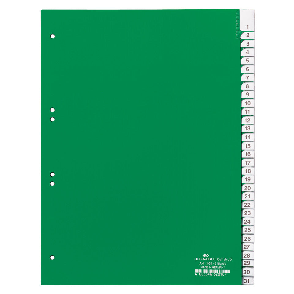 Register, Hartfolie, 1 - 31, grün, DIN A4, 215/230 x 297 mm, 31 Blatt DURABLE 6219 05 DURABLE 6219 05 A4h/31tlg