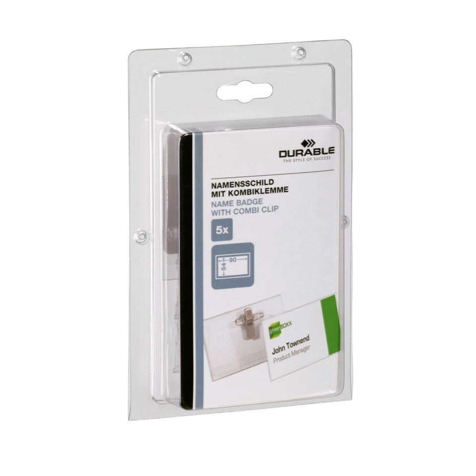 Namensschild mit Kombiklemme, Kunststoff, transparent, 90 x 54 mm, 5 Stück DURABLE 8610 19 DURABLE 8610 19 54x90mm