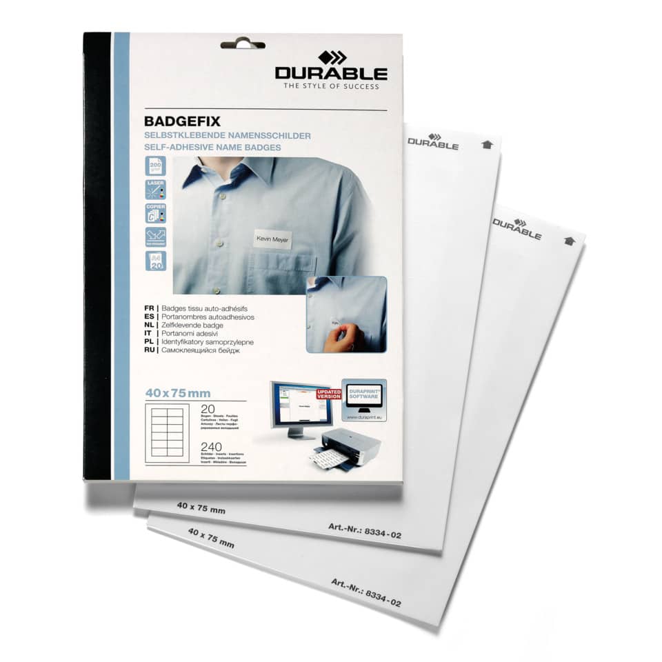 Namensschild BADGEFIX, selbstklebend, Acetatseide, weiß, 75 x 40 mm, 240 Schilder DURABLE 8334 02 DURABLE 8334 02 Ac.Seide 240St