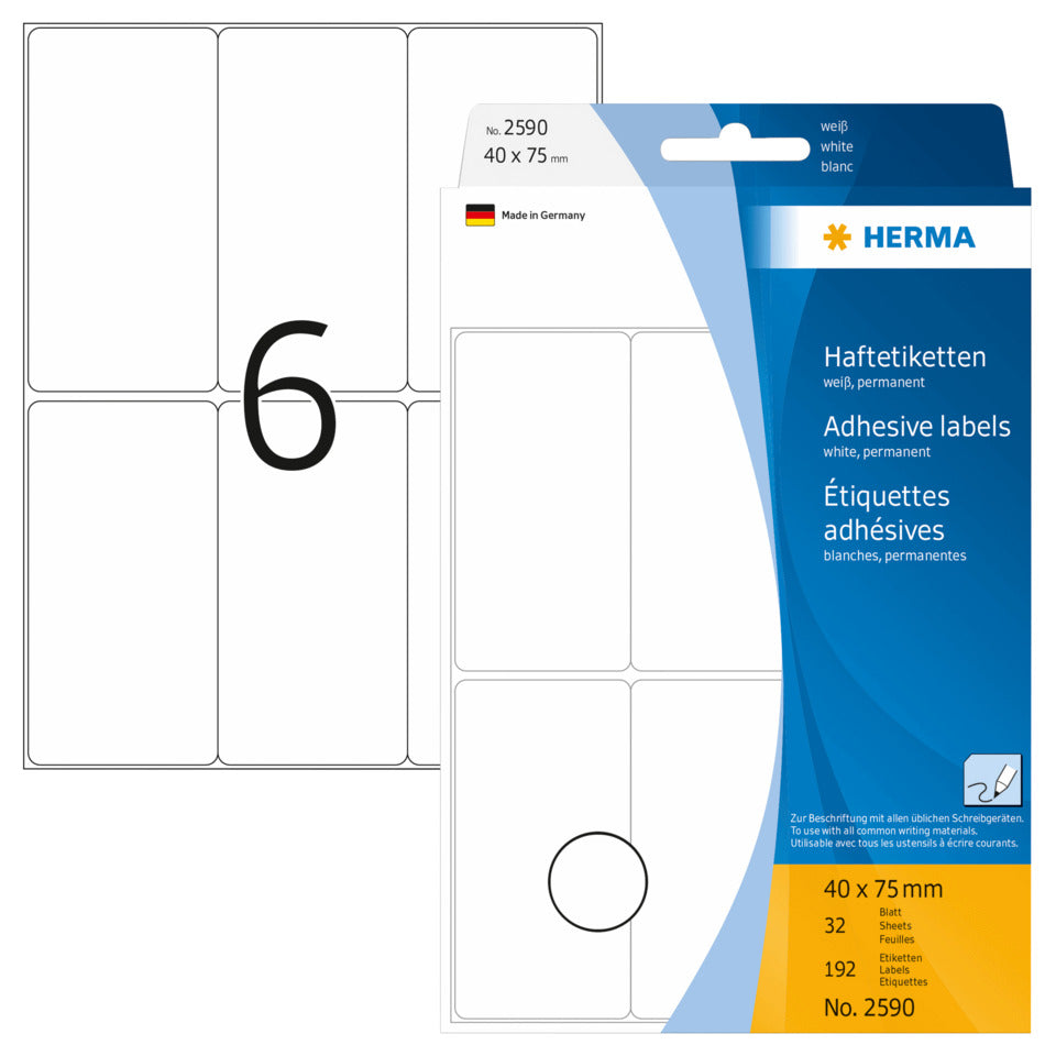 Etiketten permanent, 40x75mm, 192 Stück, weiß HERMA 2590 HERMA 2590 permanent haftend