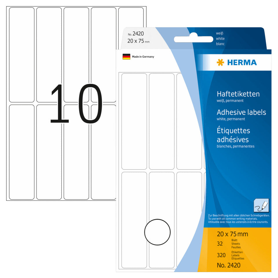 Etiketten permanent, 20x75mm, 320 Stück, weiß HERMA 2420 HERMA 2420 320 Stück permanent haftend