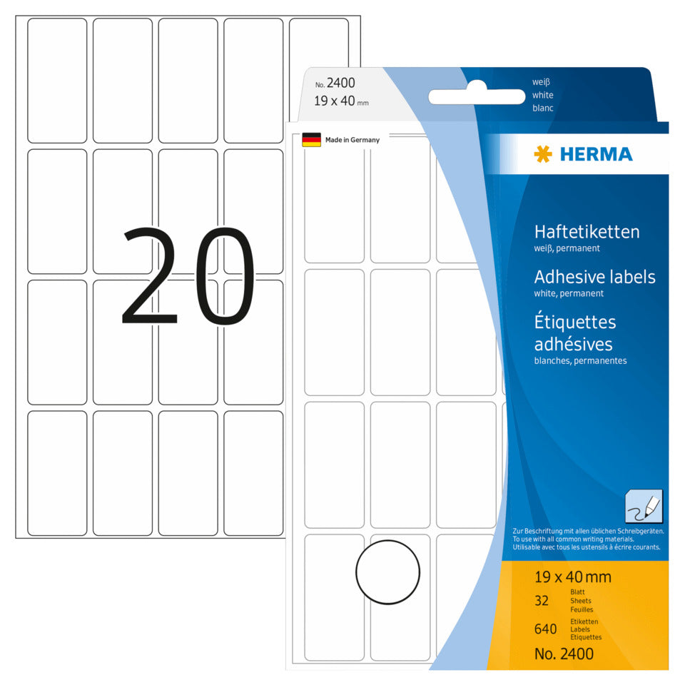 Etiketten permanent, 19x40mm, 640 Stück, weiß HERMA 2400 HERMA 2400  permanent haftend