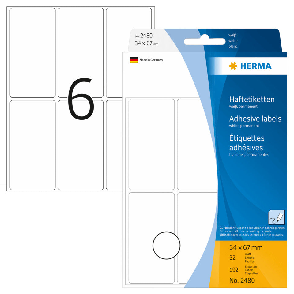 Etiketten permanent, 34x67mm, 192 Stück, weiß HERMA 2480 HERMA 2480 permanent haftend