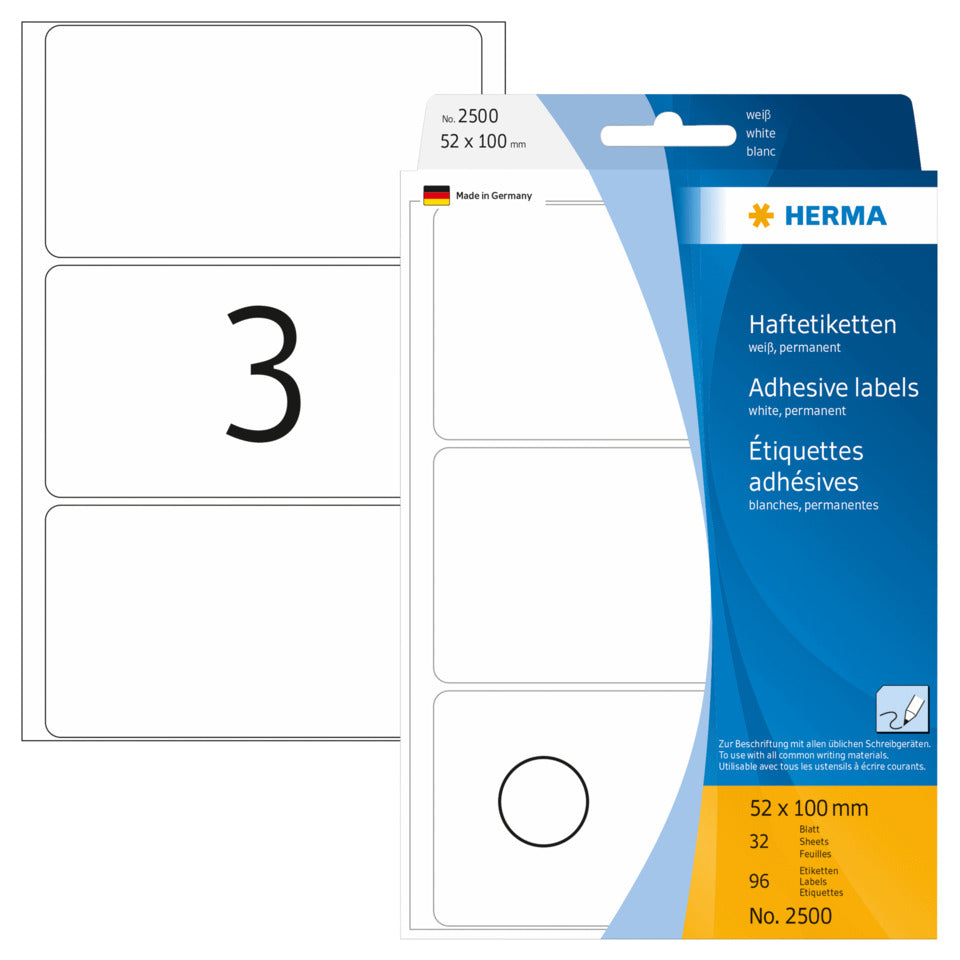 Etiketten permanent, 52x100mm, 96 Stück, weiß HERMA 2500 HERMA 2500 permanent haftend