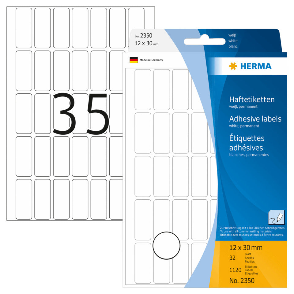 Etiketten permanent, 12x30mm, 1120 Stück, weiß HERMA 2350 HERMA 2350 permanent haftend