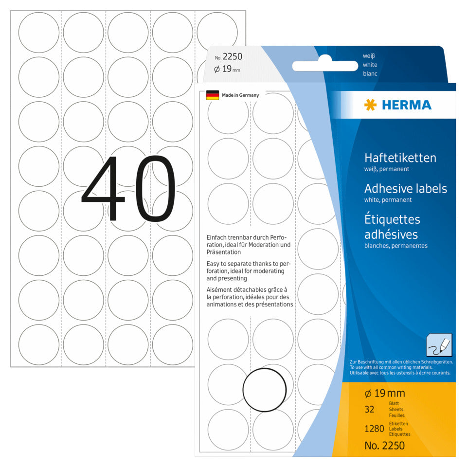 Etiketten permanent, Ø19mm, 1280 Stück, weiß HERMA 2250 HERMA 2250 Farbpunkte