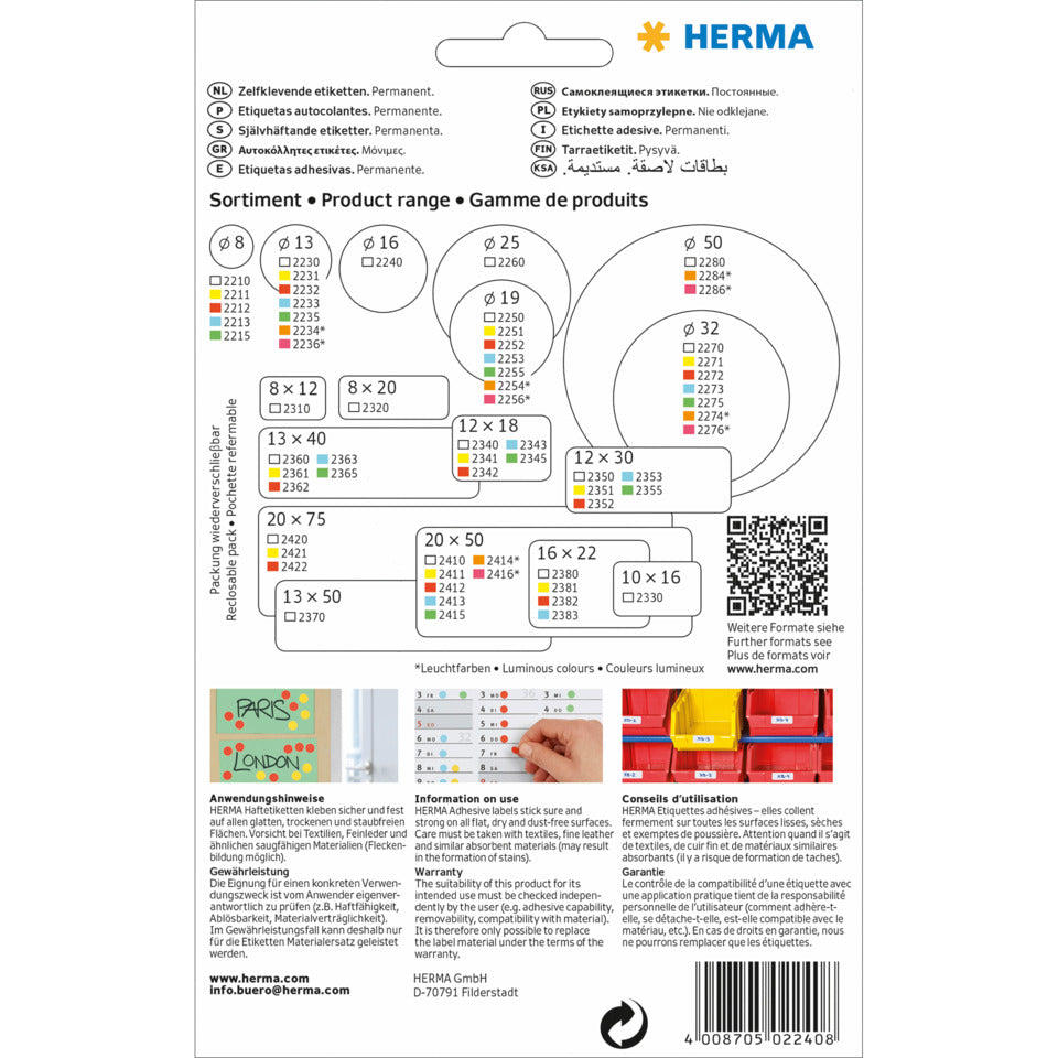 Etiketten permanent, Ø16mm, 1728 Stück, weiß HERMA 2240 HERMA 2240 Farbpunkte