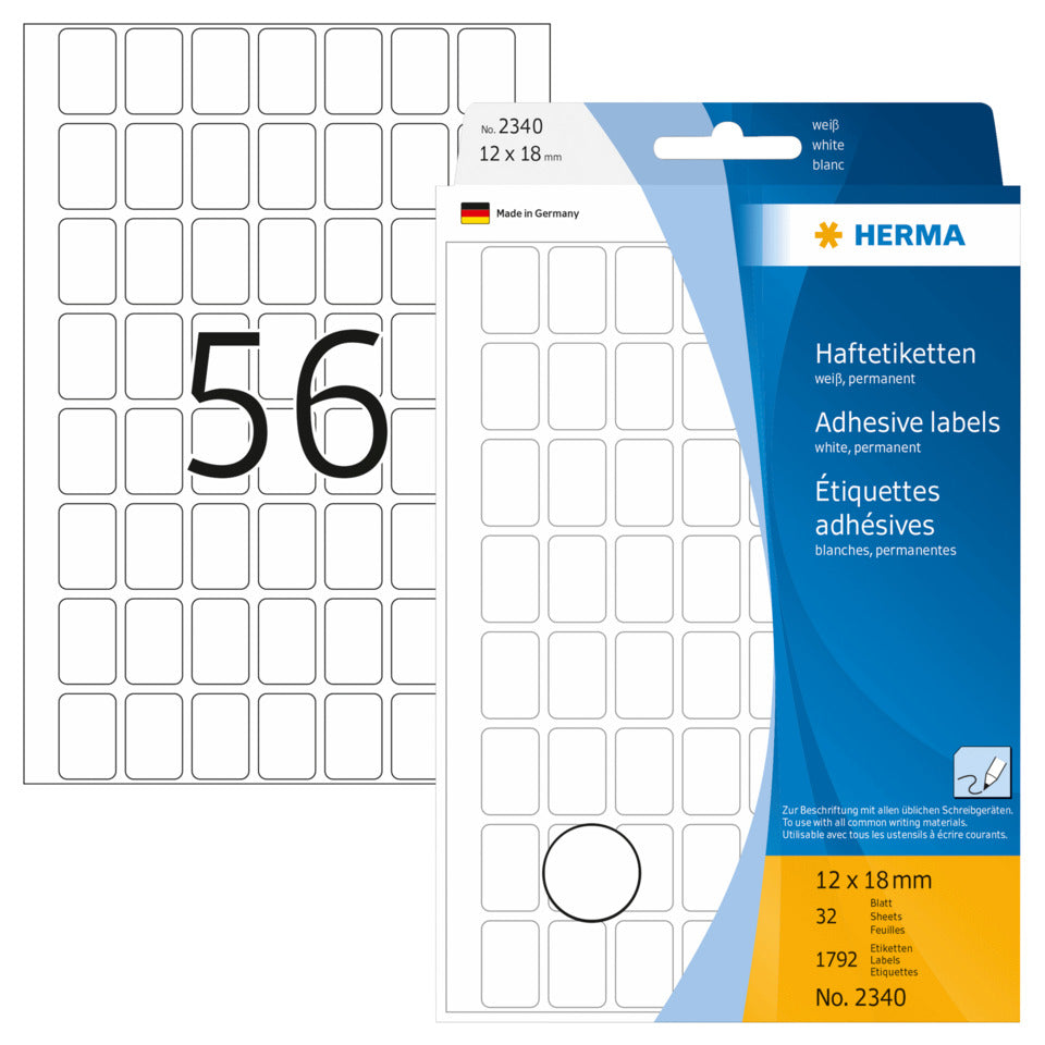Etiketten permanent, 12x18mm, 1792 Stück, weiß HERMA 2340 HERMA 2340  1792 Stück permanent haftend