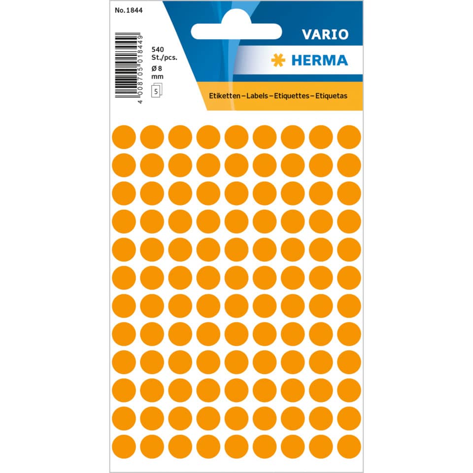 Etiketten permanent, Ø8mm, 540 Stück, leuchtorange HERMA 1844 HERMA 1844  540 Stück permanent haftend