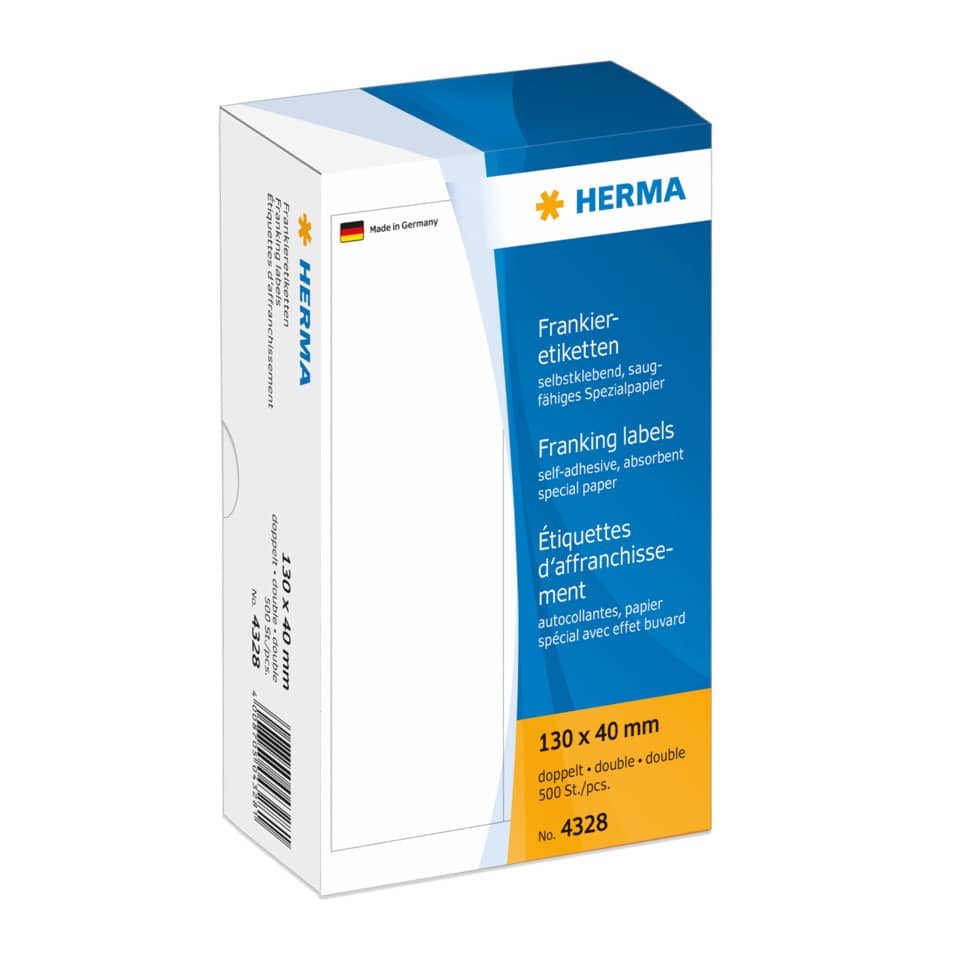 Frankieretiketten doppelt permanent, 130x40mm, 500 Stück, weiß HERMA 4328 HERMA 4328 doppelt permanent haftend