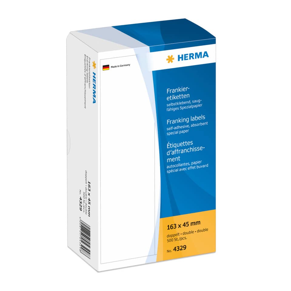Frankieretiketten doppelt permanent, 163x45mm, 500 Stück, weiß HERMA 4329 HERMA 4329 doppelt permanent haftend