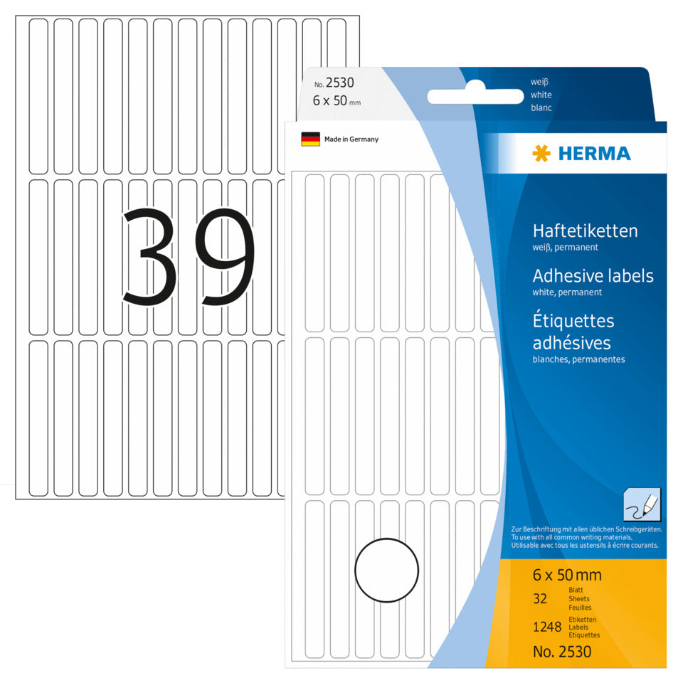 Etiketten permanent, 6x50mm, 1248 Stück, weiß HERMA 2530 HERMA 2530 permanent haftend