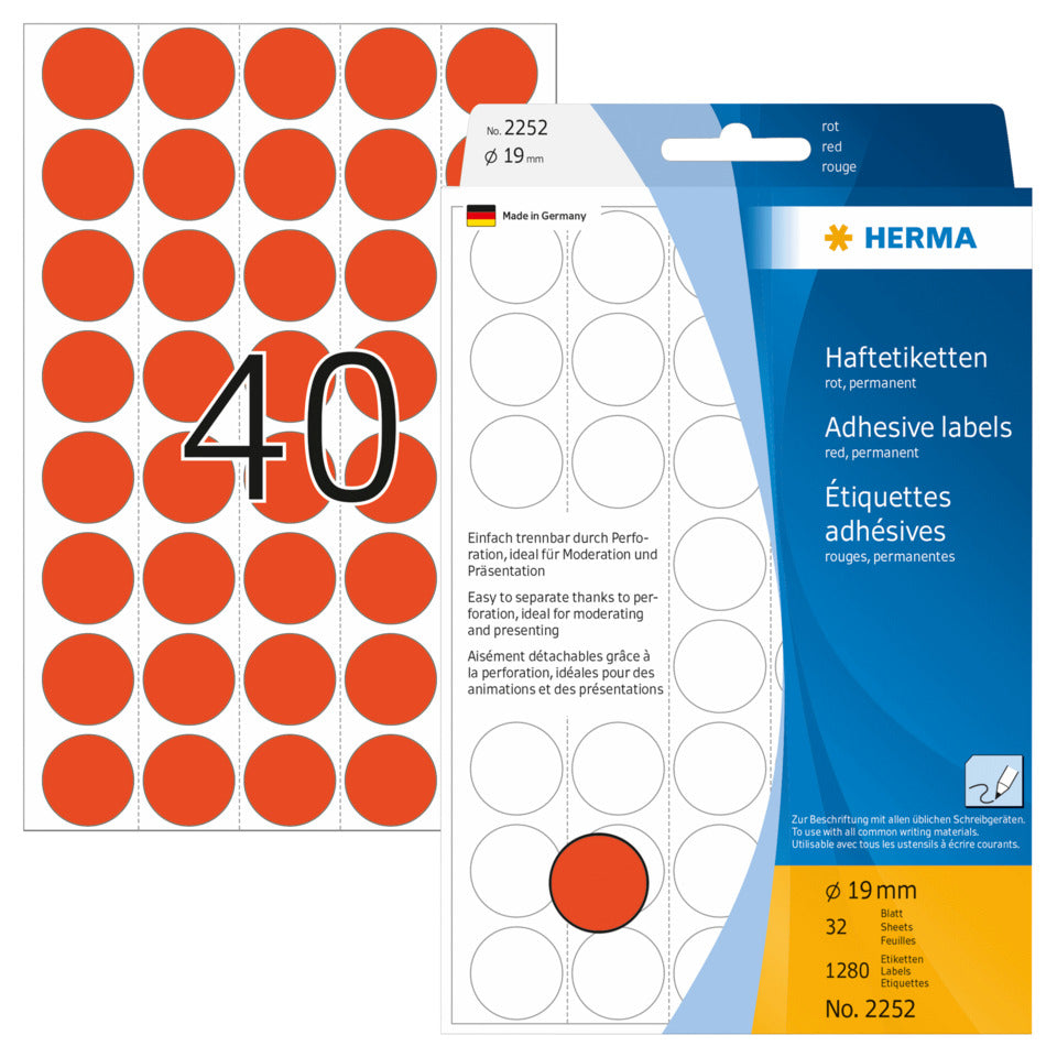 Etiketten permanent, Ø19mm, 1280 Stück, rot HERMA 2252 HERMA 2252 1280 Stück permanent haftend
