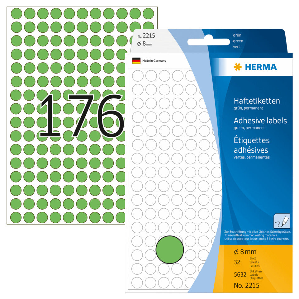 Etiketten permanent, Ø8mm, 5632 Stück, grün HERMA 2215 HERMA 2215 Farbpunkte