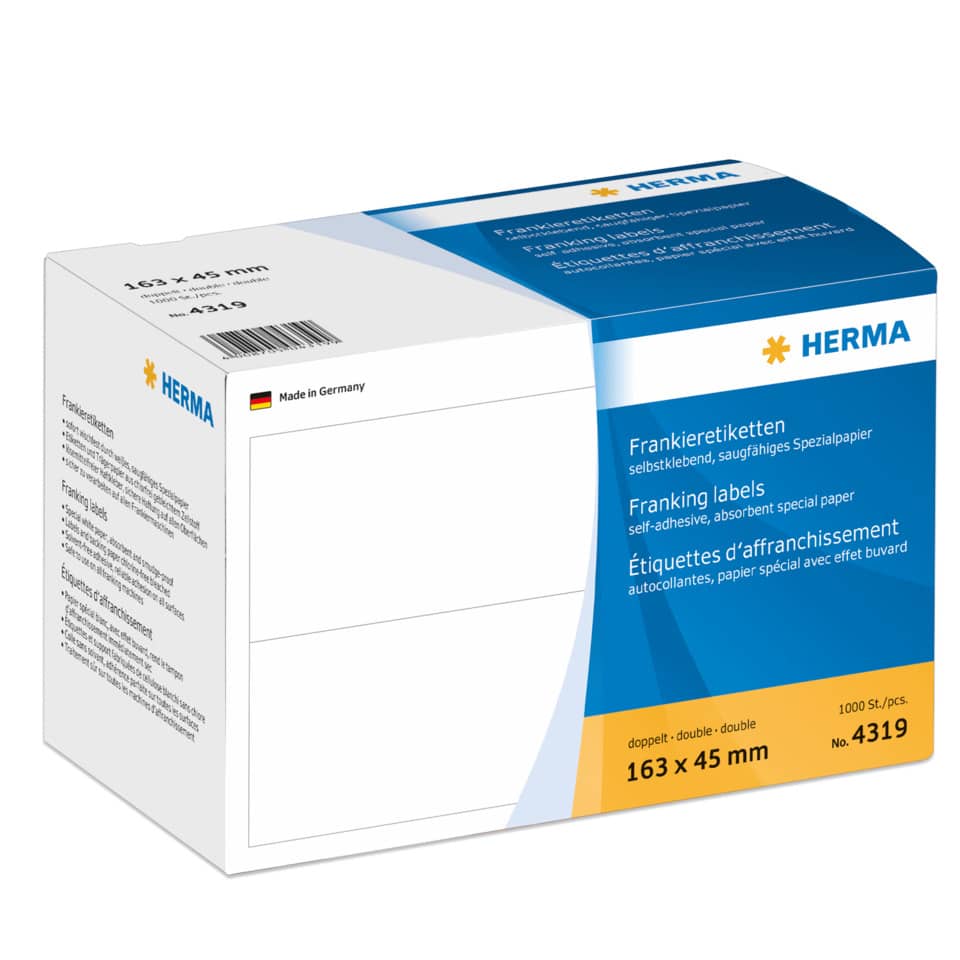 Frankieretiketten doppelt permanent, 163x45mm, 1000 Stück, weiß HERMA 4319 HERMA 4319 doppelt permanent haftend