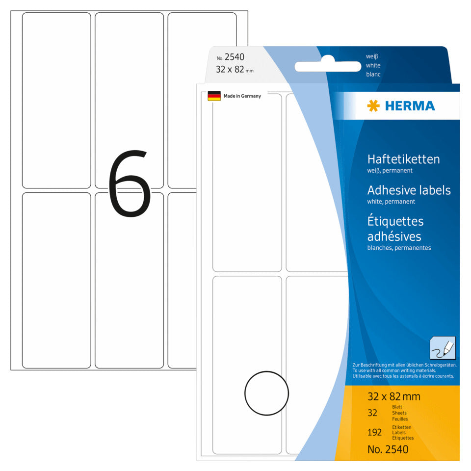 Etiketten permanent, 32x82mm, 192 Stück, weiß HERMA 2540 HERMA 2540 permanent haftend
