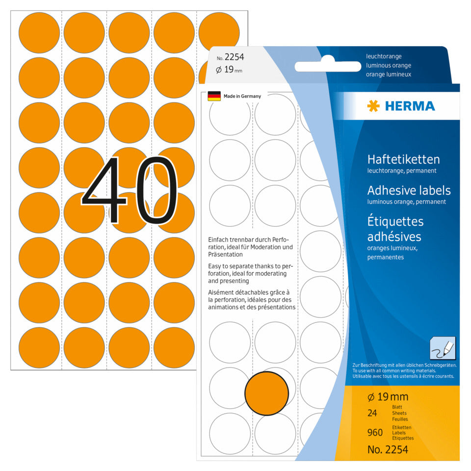 Etiketten permanent, Ø19mm, 960 Stück, leuchtorange HERMA 2254 HERMA 2254 Farbpunkte