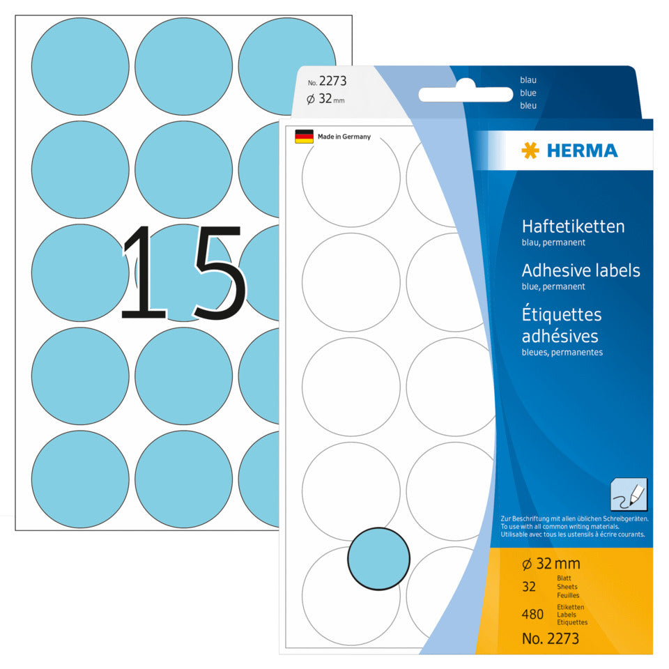 Etiketten permanent, Ø32mm, 480 Stück, blau HERMA 2273 HERMA 2273 480 Stück permanent haftend