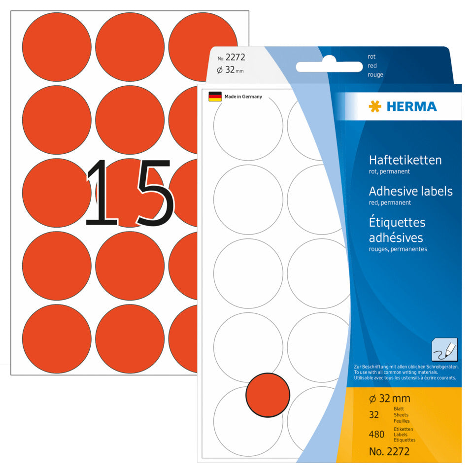 Etiketten permanent, Ø32cm, 480 Stück, rot HERMA 2272 HERMA 2272  480 Stück permanent haftend