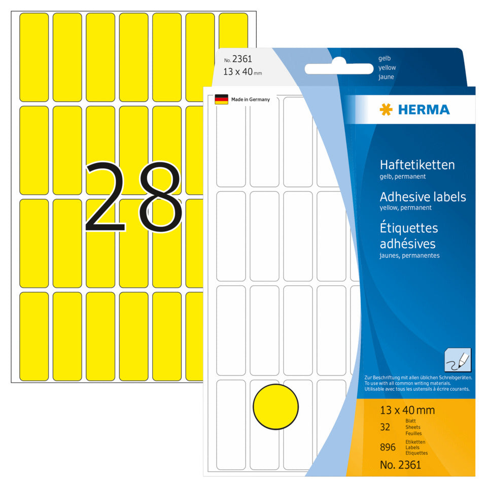 Etiketten permanent, 13x40mm, 896 Stück, gelb HERMA 2361