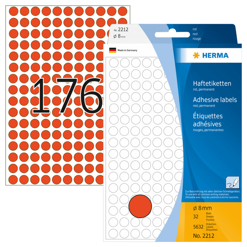 Etiketten permanent, Ø8mm, 5632 Stück, rot HERMA 2212 HERMA 2212 Farbpunkte
