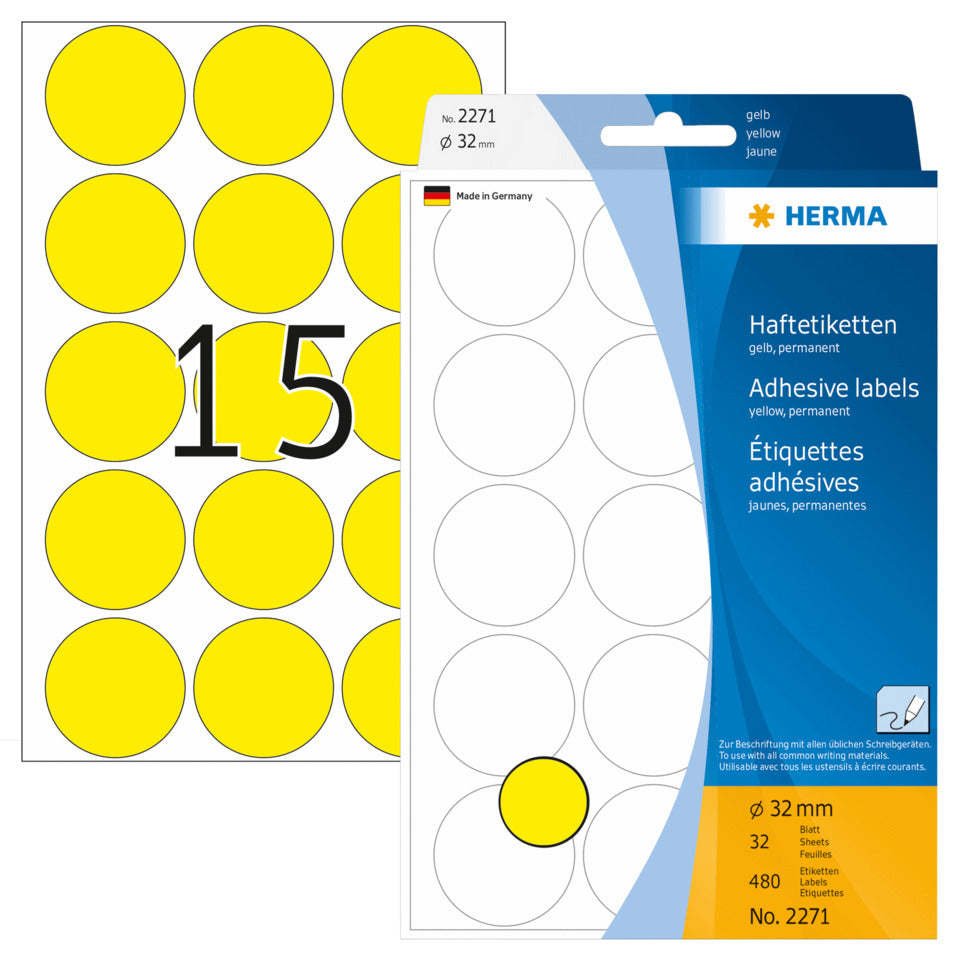 Farbpunkte, Ø32mm, 480 Stück, gelb HERMA 2271 HERMA 2271  480 Stück permanent haftend
