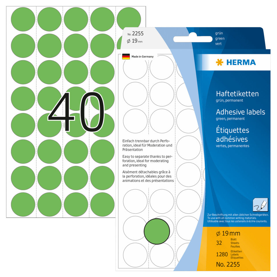 Etiketten permanent, Ø19mm, 1280 Stück, grün HERMA 2255 HERMA 2255 1280 Stück permanent haftend