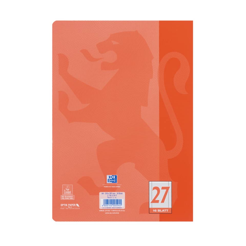 Heft Touch, A4, 90g/m², 16 Blatt, Lin.27, liniert mit Doppelrand, koralle OXFORD 400104444