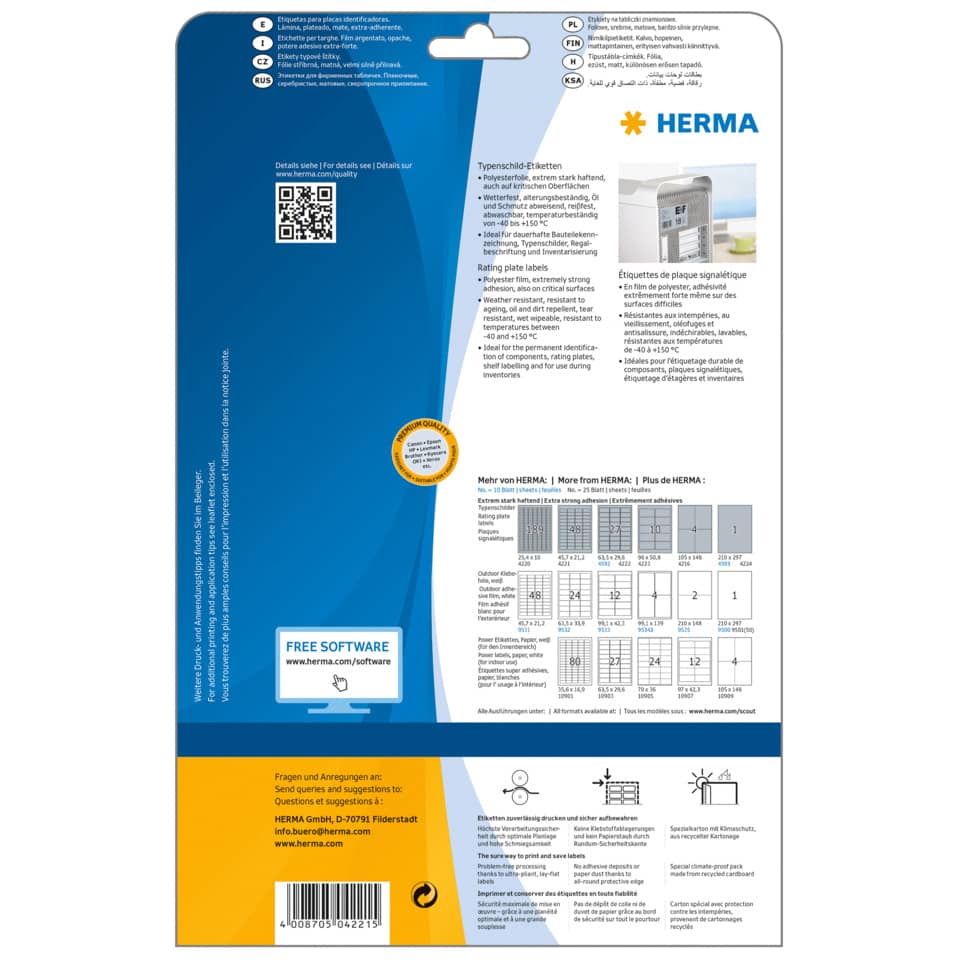 Typenschild-Etiketten extra stark, 45,7x21,2mm, wetterfest, 1200 Stück, silber HERMA 4221 HERMA 4221 wetterf. 1200 St. extra stark