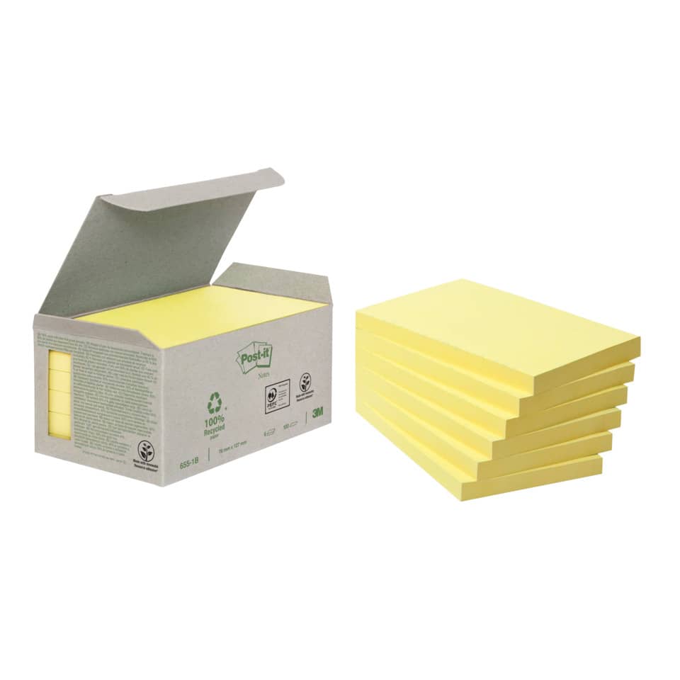 Haftnotizblock Recycling Notes, 127x76mm, 6x100 Blatt, gelb POST-IT 655-1B POST-IT 655-1B UWF 100Bl 6St