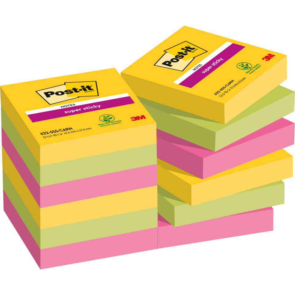 Haftnotizblock Super Sticky Notes Carnival Collection, 47,6x47,6mm, 12x90 Blatt POST-IT 622-12SS-CARN POST-IT 622-12SR