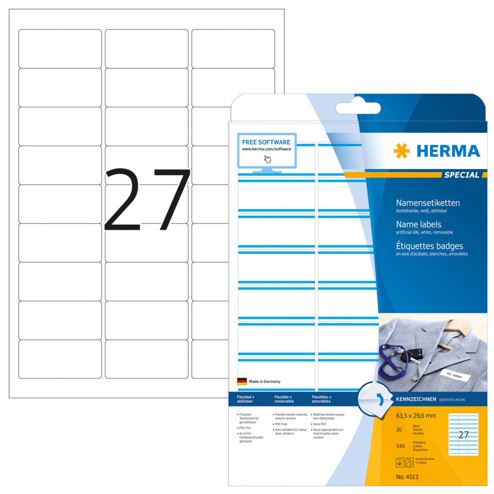 Textiletiketten ablösbar, 63,5x29,6mm, Acetatseide, 540 Stück, weiß/blau HERMA 4513 HERMA 4513 Acetat-Seide